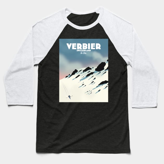 Verbier Switzerland ski travel poster Baseball T-Shirt by nickemporium1